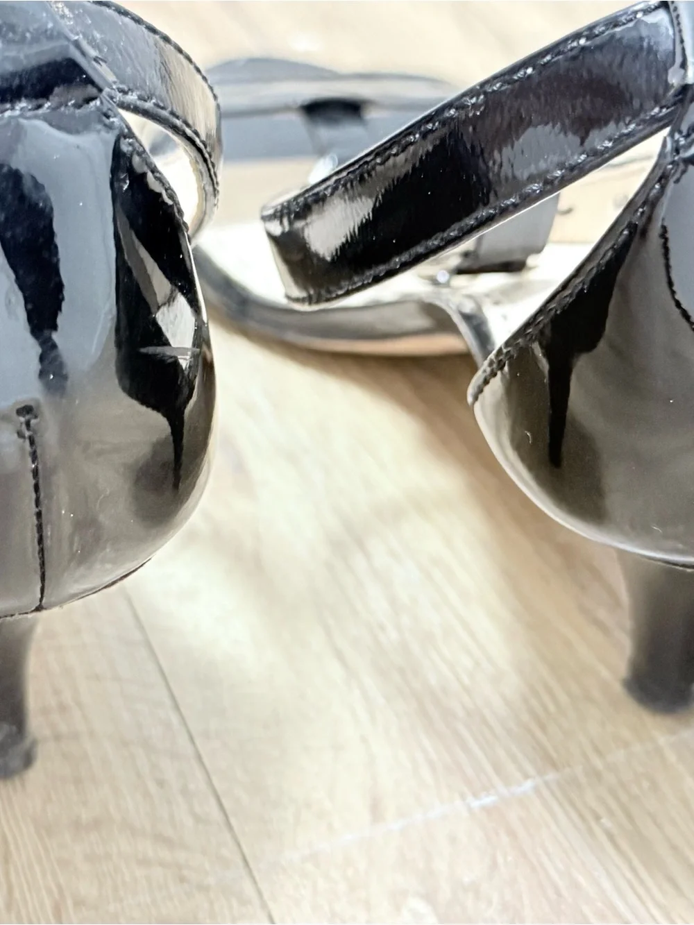 Coach Black Patent Leather T-Strap Heeled Sandals with Silver Hardware